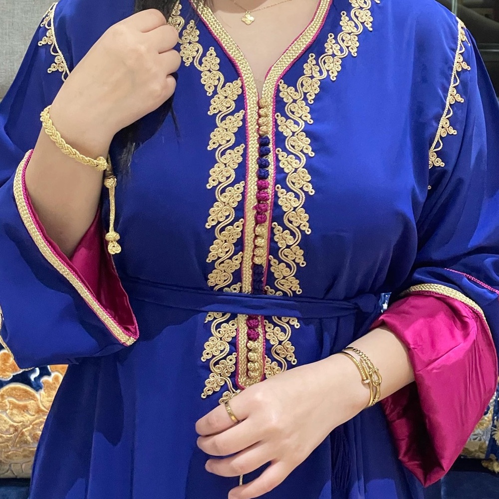 Elegant Blue and Gold Embroidered Wedding Dress - Traditional Moroccan wear